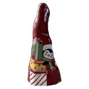Hand Painted Signed JKW Christmas Penguin Presents Wooden Shelf Sitter Decor